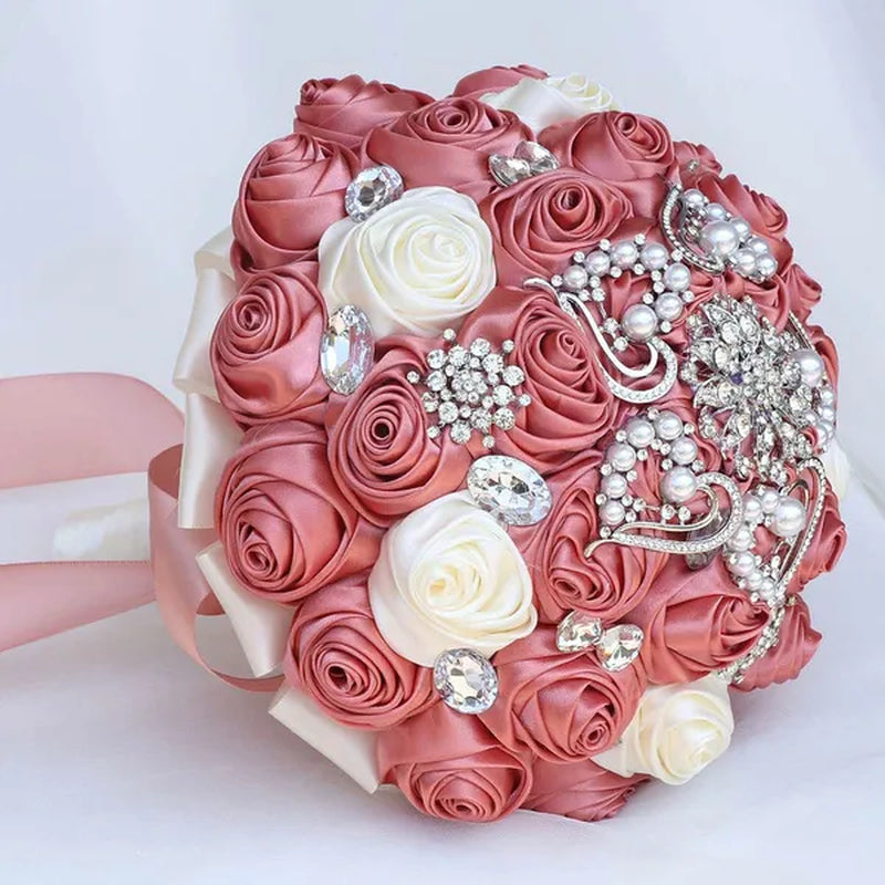 Exquisitely Handmade Ribbon Diamond Bridesmaids Holding Flowers 21CM Pearl Rhinestone Brooch Bridal Bouquet Artificial Silk Rose Wedding Flower Bouquet