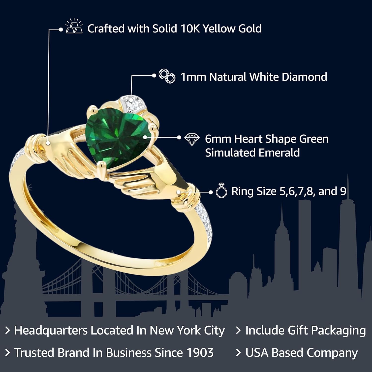 10K Yellow Gold 6MM Heart Shape Gemstone Birthstone and White Diamond Irish Celtic Claddagh Engagement Ring | Gold Ring for Women | Available in Size 5, 6, 7, 8, 9 - WORLD TIME VISITS