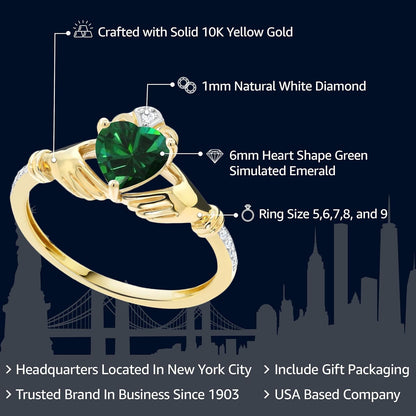 10K Yellow Gold Green Simulated Emerald and Diamond Accent Irish Celtic Claddagh Ring for Women (0.74 Cttw, Available in Size 5, 6, 7, 8, 9)