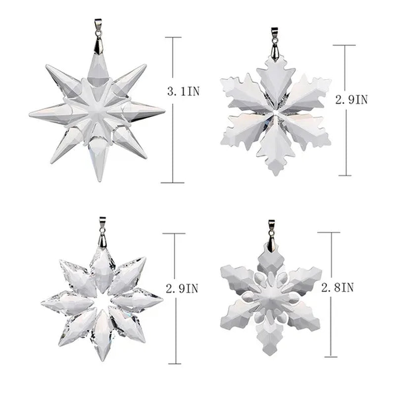 H&D Set of 4 Crystal Snowflake Pendant Star Shaped Unique Pattern Ornaments with Gift Box Home Window Christmas Tree Decoration
