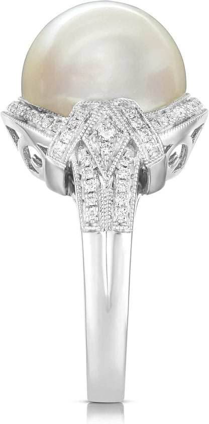 14K White Gold South Sea Pearl 13 Mm, Diamond 1/3 Ct Ring, Size 8