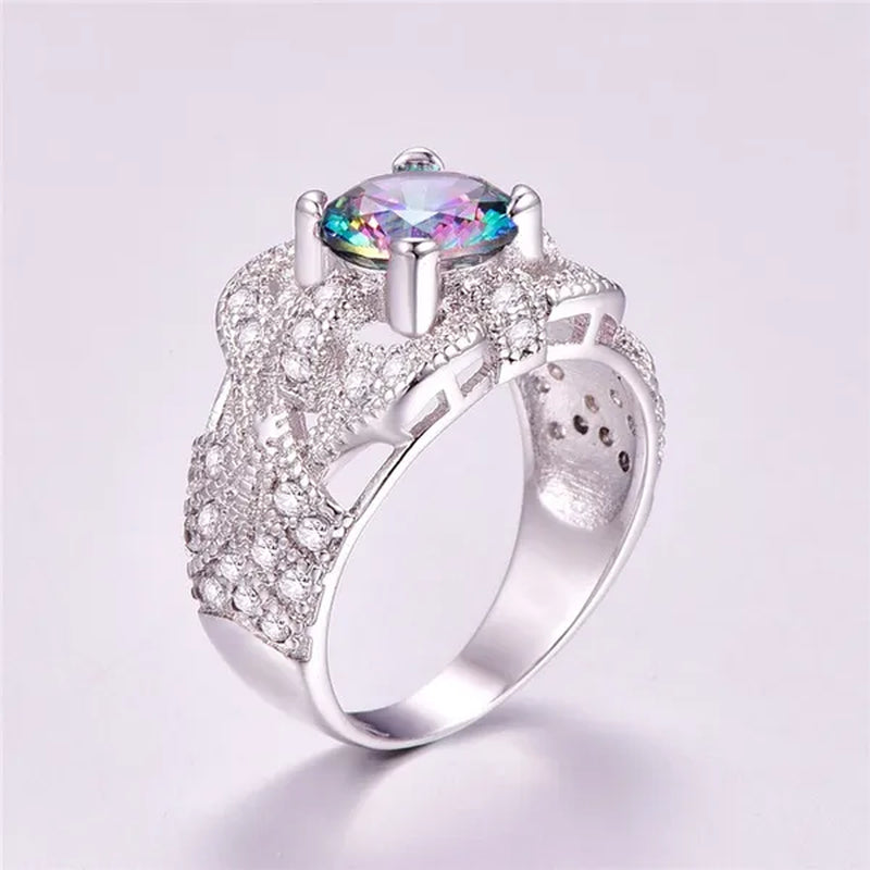 Round Cut Rainbow & Pink White Topaz Gemstone 100% 925 Sterling Silver Ring Size 6 7 8 9