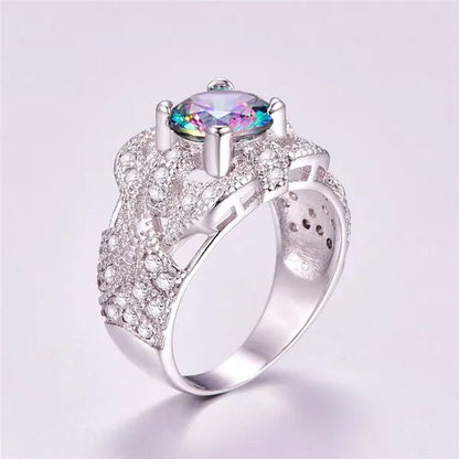 Round Cut Rainbow & Pink White Topaz Gemstone 100% 925 Sterling Silver Ring Size 6 7 8 9