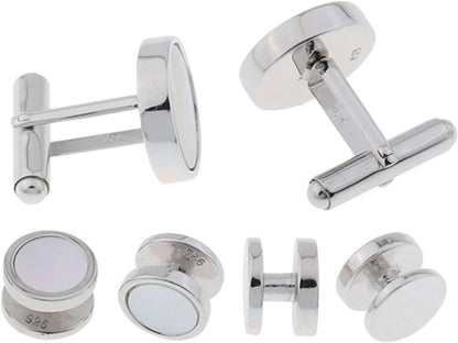 Solid Sterling Silver Mother of Pearl Tuxedo Cufflinks and Studs Formal Set by