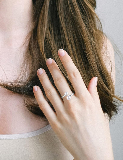 2 Pearl Ring Sterling Silver Double Pearls Rings for Women 925 Adjustable Open June Birthstone Rings for Teen Girls with Real round Genuine Freshwater Cultured Stackable