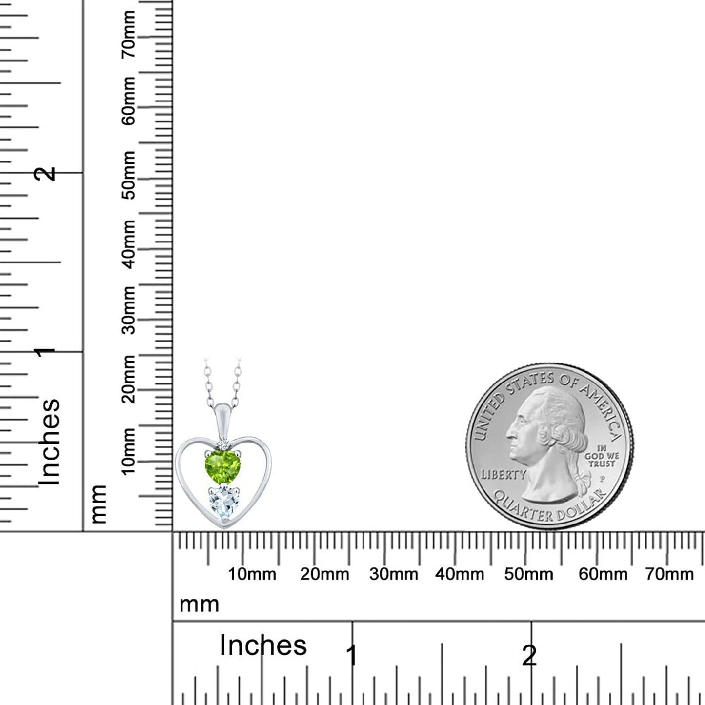925 Sterling Silver Green Peridot Sky Blue Aquamarine and White Diamond Pendant Necklace for Women (0.67 Cttw, Heart 5MM and 4MM, with 18 Inch Silver Chain)