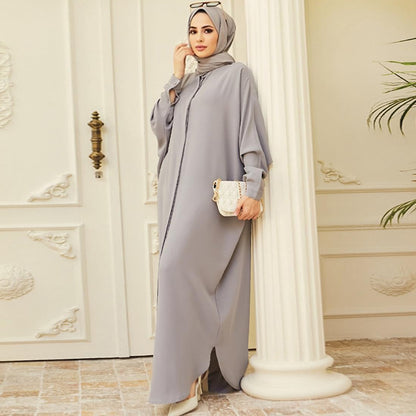Muslim Dresses for Women Abaya Button down Henley Shirt Prayer Dress Batwing Long Sleeve Middle East Arabian Robe