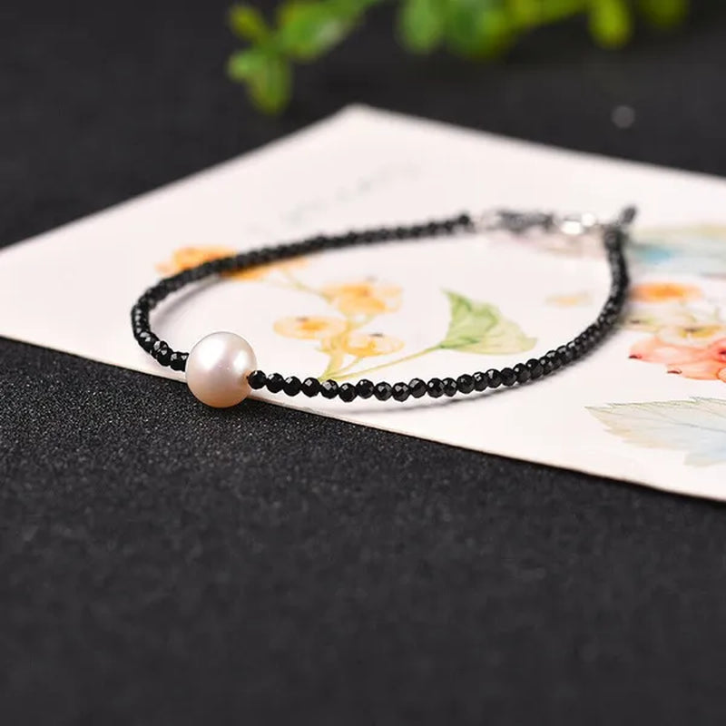 Natural Black Spinel 2mm&Freshwater Pearl 8mm S925 Silver Women Bracelet Gift