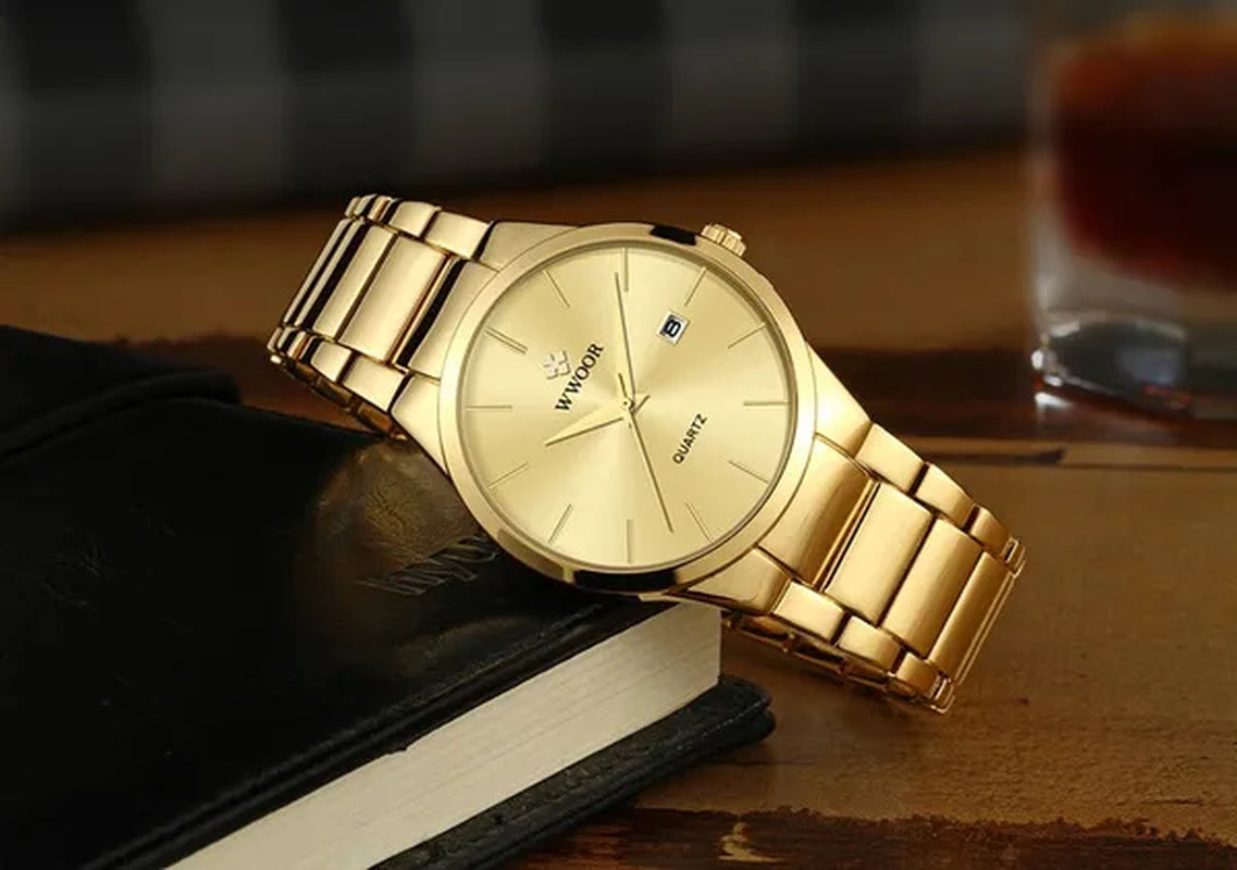 relojes hombre 2020 WWOOR Gold Watch Men Luxury Mens Quartz Wristwatch Business Watch Stainless Steel Waterproof Auto Date Clock with gift box
