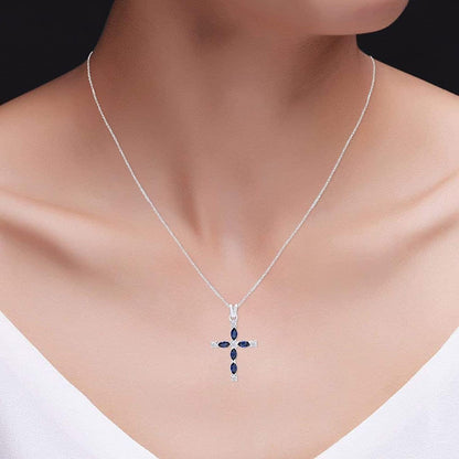 Marquise Cut Simulated Blue Sapphire White Diamond Cross Pendant Necklace in 10K Solid Gold