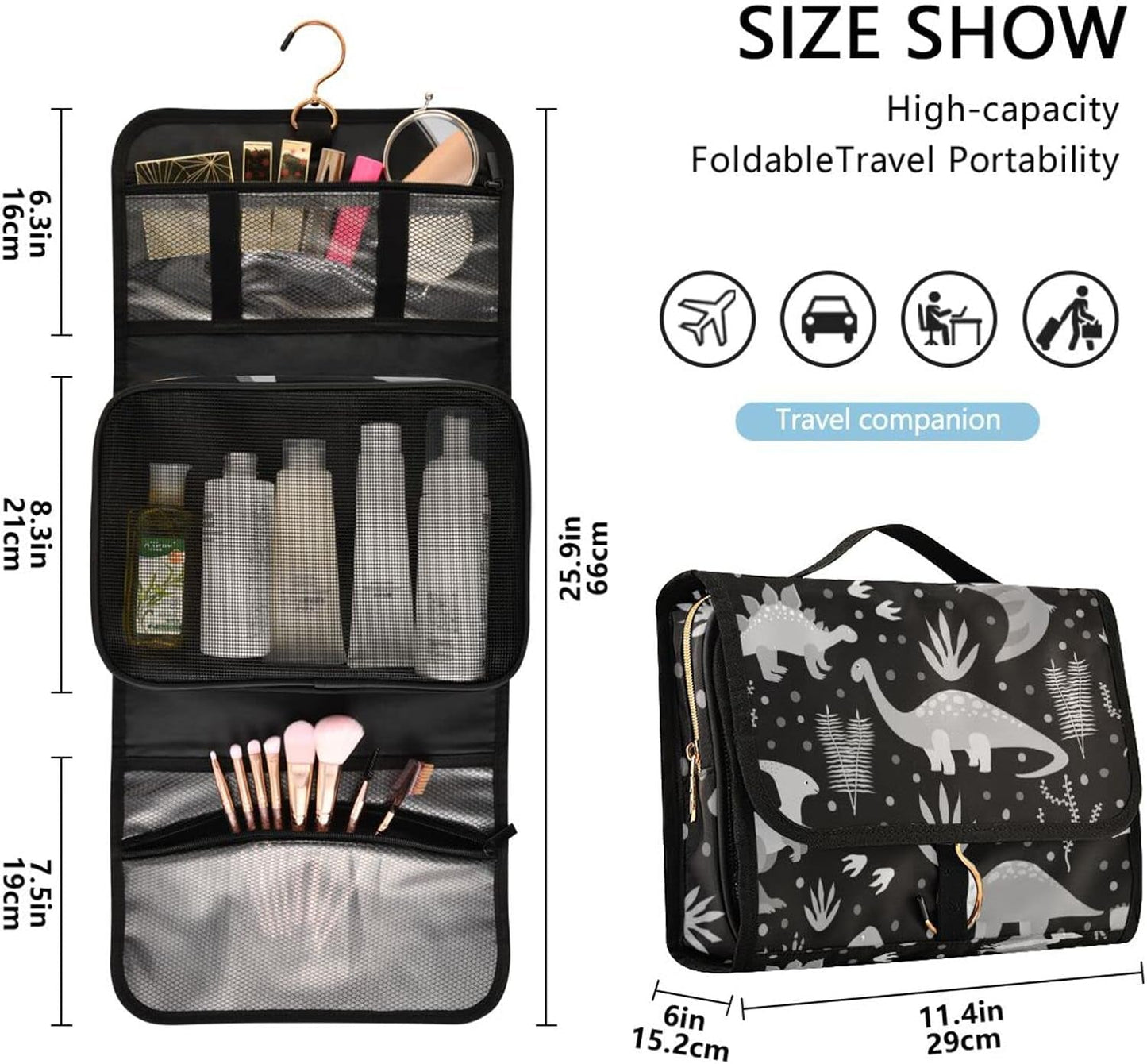 Seamless Retro Russian Cat Snowflakes on Black Happy New Year 3 Pcs Set Toiletry Bags, 1 Women'S Travel Cosmetic Bag, 1 Hanging Toiletry Wash Bag, 1 Brush Case, Portable Makeup Storage Case