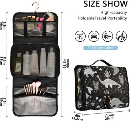 Seamless Retro Russian Cat Snowflakes on Black Happy New Year 3 Pcs Set Toiletry Bags, 1 Women'S Travel Cosmetic Bag, 1 Hanging Toiletry Wash Bag, 1 Brush Case, Portable Makeup Storage Case