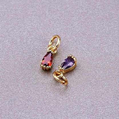 20Pcs Cubic Zirconia Mini Rhinestone Charms Brass Pave CZ Water Drop Extender End Charms Colorful 18K Gold Faceted Dangle Teardrop Birthstone Pendant Bulk with Loop for Jewelry Making 8X3Mm