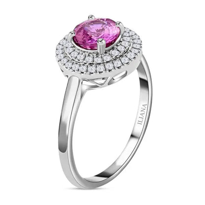 Shop LC Her ILIANA 18K White Gold round AAA Pink Sapphire Birthstone Real Diamond Double Halo Ring Engagement Anniversary Bridal Wedding Gift Ct 1.1 G-H Color Si1 Clarity