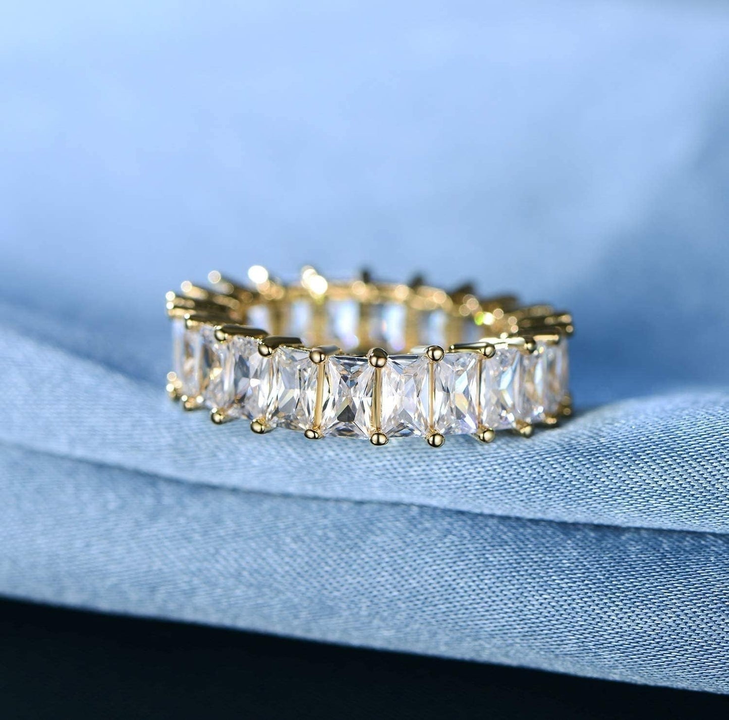 18K Gold Plated Ring Cubic Zirconia Emerald Cut Eternity Rings Gold Wedding Band