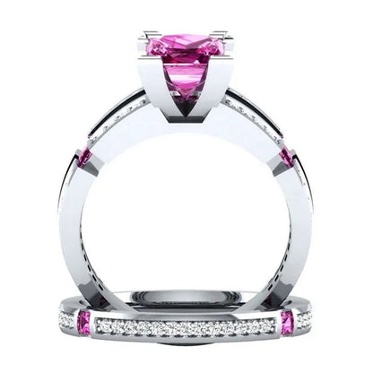 HOT 2 PC Silver Plated Pink Sapphire & Lab Diamond Wedding Ring US Size 6 7 8 9 10