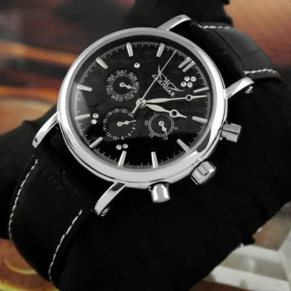 JARAGAR Automatic Mechanical Genuine Leather Strap Wrist Watch Luxury Gift for Men Fashion White Crystal Diamond Jewelry Accessories