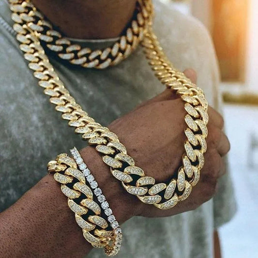 Gold/Silver Stainless Steel Hip Hop Jewelry Iced Out Rhinestone Thick Miami Cuban Link Chain Necklace Bracelet 7-28 Inch