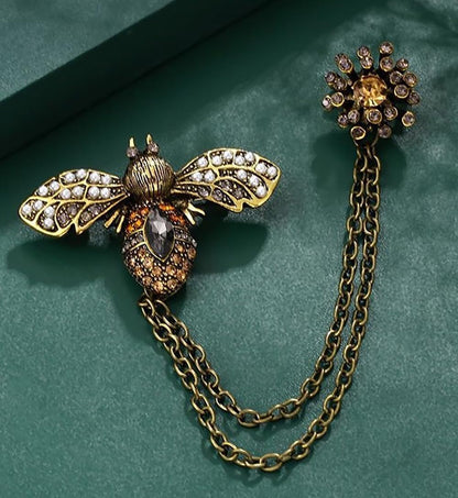 Antique Honey Bee Long Chain Collar Brooch Pin for Women Men Girls Crystal Rhinestone Flower Lapel Brooches Hanging Tassel Tie Pins Vintage Birthday Christmas Jewelry Gifts for Dress Suit Badges
