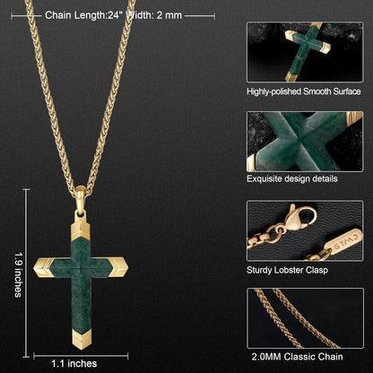 Cross Necklace for Men -Stainless Steel & Gemstone Adjustable Box Chain 24-26In, Spiritual Jewelry Gift for Him, Everyday Wear