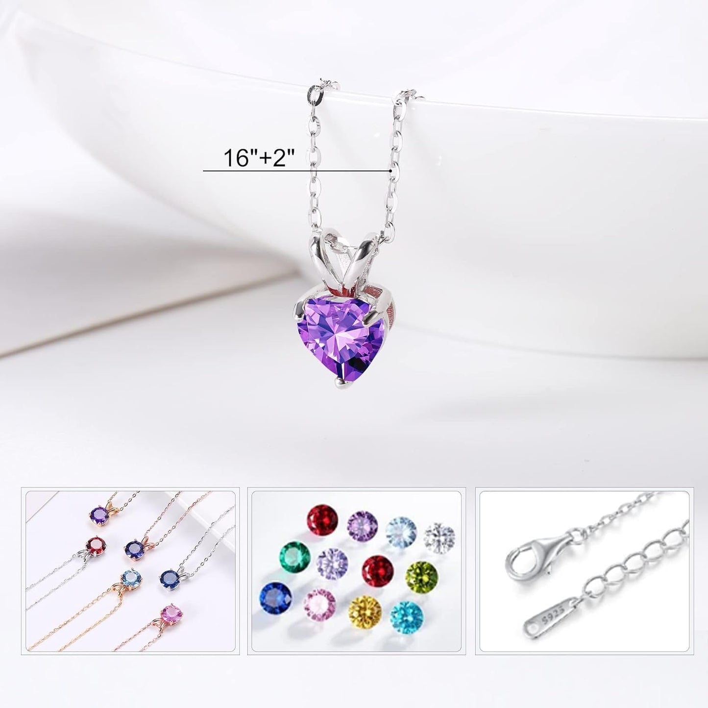 Heart Birthstone Necklace for Women - Dainty Heart Birthstone Pendant Sparkle 925 Sterling Silver Necklace Anniversary Birthday Gifts for Women Mom Wife Daughter Grandma Jewelry Gifts
