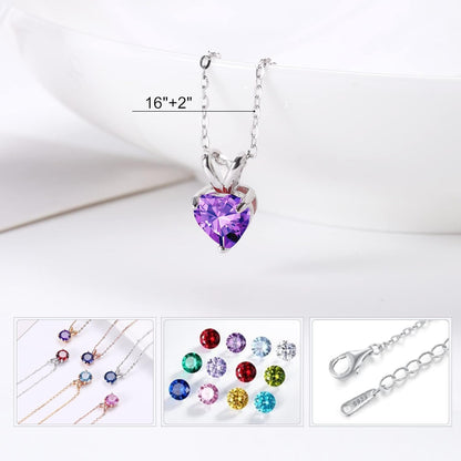 Heart Birthstone Necklace for Women - Dainty Heart Birthstone Pendant Sparkle 925 Sterling Silver Necklace Anniversary Birthday Gifts for Women Mom Wife Daughter Grandma Jewelry Gifts