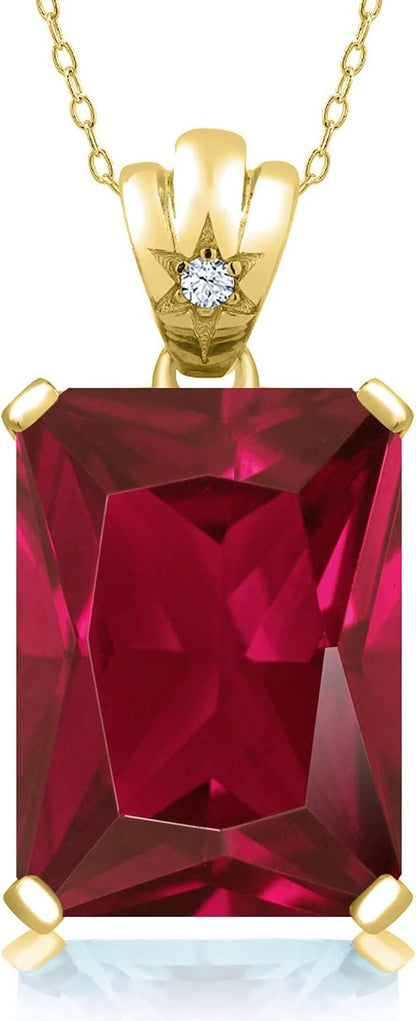 20.03 Cttw 18K Yellow Gold Plated Silver Red Created Ruby and White Topaz Pendant Necklace for Women | Emerald Cut 18X13MM | with 18 Inch Chain