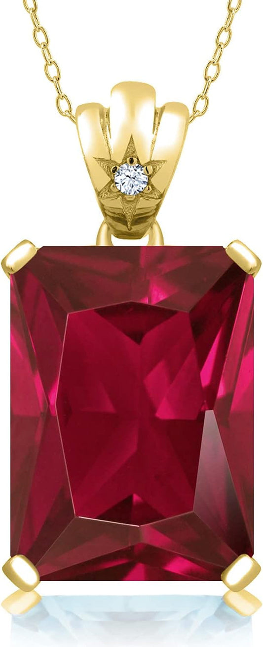 20.03 Cttw 18K Yellow Gold Plated Silver Red Created Ruby and White Topaz Pendant Necklace for Women | Emerald Cut 18X13MM | with 18 Inch Chain