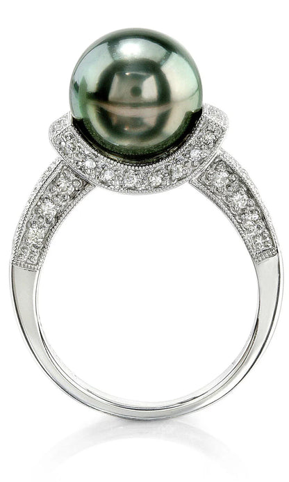 10Mm Tahitian South Sea Cultured Pearl & Diamond Sparkling Jewel Ring in 18K Gold