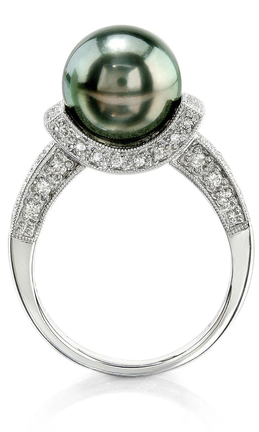 10Mm Tahitian South Sea Cultured Pearl & Diamond Sparkling Jewel Ring in 18K Gold