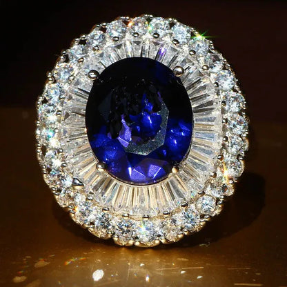Elegant  Silver Sapphire & White Sapphire Birthstone Gemstones Engagement Wedding Anniversary Ring Size 6 7 8 9 10