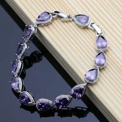 Purple Amethyst White Topaz Crown Silver 925 Jewelry Set for Women Earrings Necklace Set