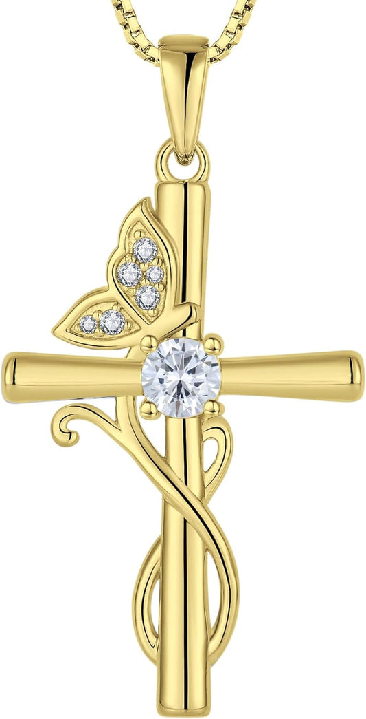 Butterfly Cross Necklace 925 Sterling Silver Crucifix Pendant Birthstone Jewelry for Women