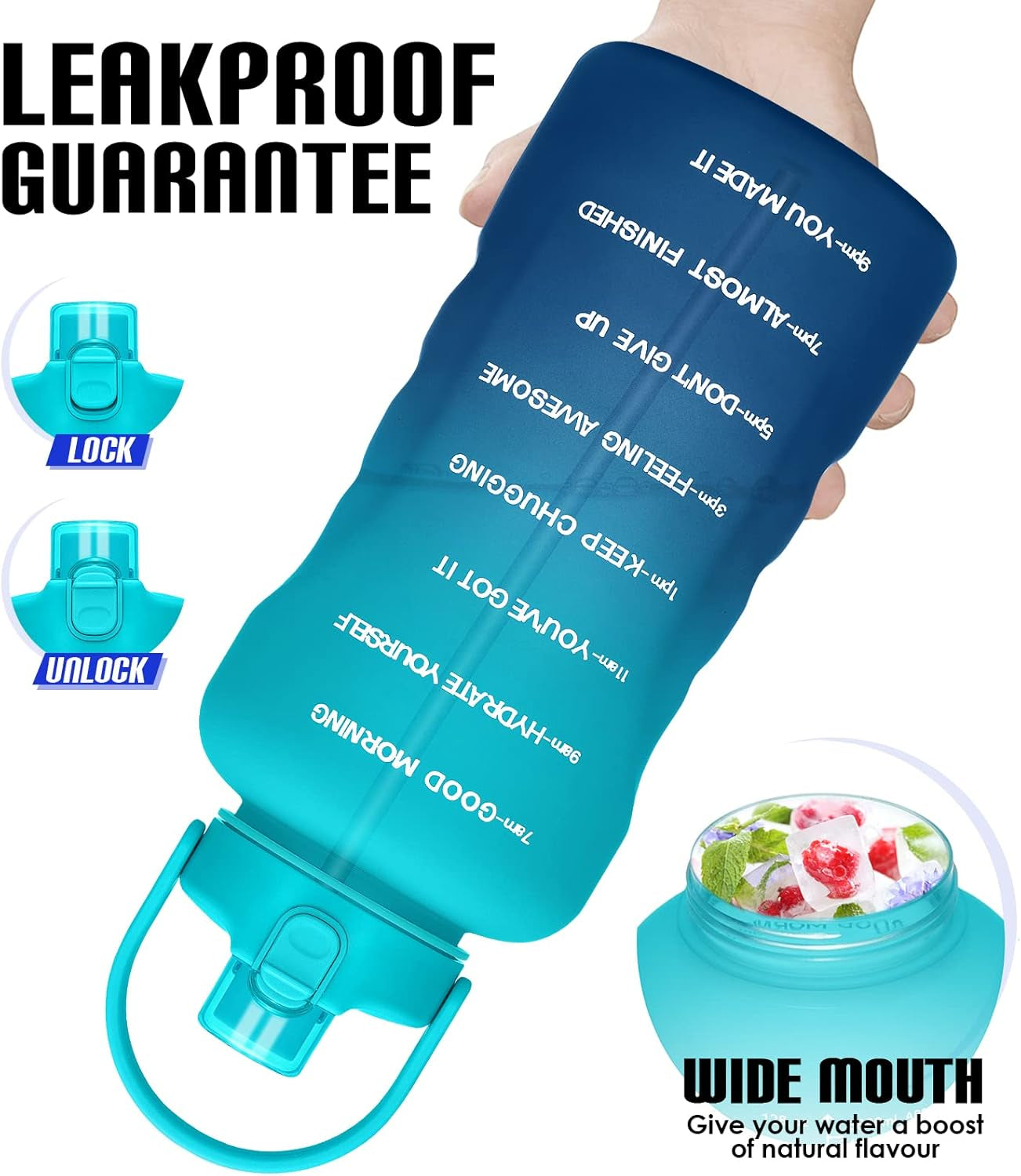 1 Gallon Water Bottles with Straw, 128 Oz / 3.8L Water Bottle BPA Free Innovative 2-IN-1 Lid Gym Bottle with Times to Drink Motivational, Large for Sports Fitness Camping Water Jug One Gallon