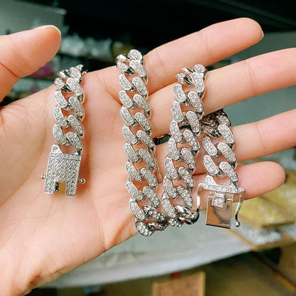 Men's Hip Hop Iced Out Paved Rhinestones 13MM Gold/Silver/Rose Gold Full Miami Curb Cuban Chain Bling Necklace Bracelet Set Jewelry Gifts