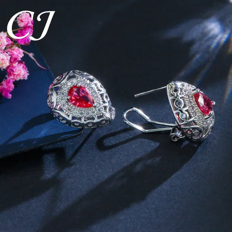 CANDICE Elegant Stamp Sterling Silver Plated Women Jewelry Set Pear Drop Red Cubic Zirconia Necklace Earring Ring 3Pcs Sets