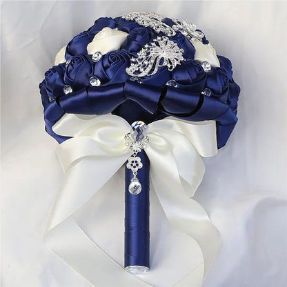 21CM Silver Rhinestone Bridal Hand Flowers Ribbon Wedding Hand Bouquet Mixed Color Silk Rose Diamond Brooch Bridesmaid Bouquet Wedding Supplies
