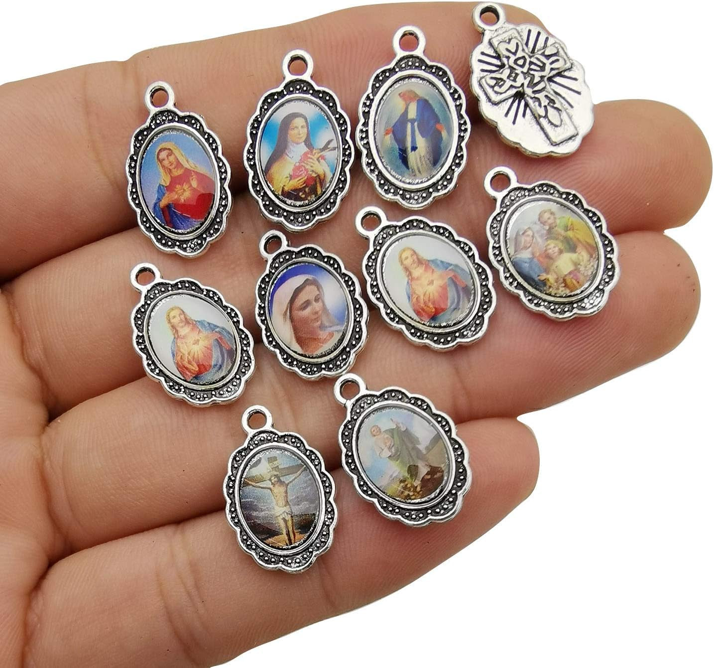 50Pcs Antique Silver Picture Jesus Enamel Our Lady Miraculous Medal Floral Rosary Centerpiece Alloy Crucifix Cross Mother'S Day Pendants Charms for Jewelry Making (M218) - WORLD TIME VISITS