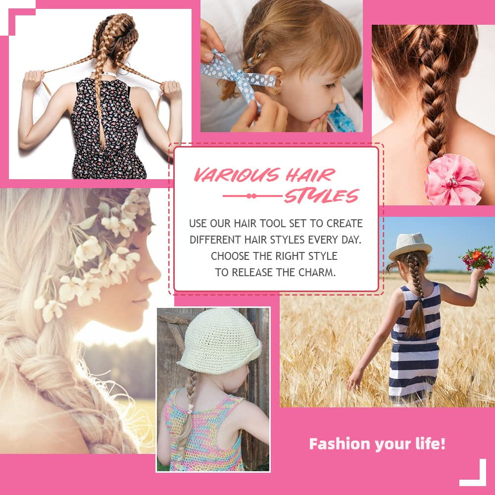 Hair Styling Tool Set - 3 Pcs French Braid Tool, Rat Tail Comb, and Metal Braiding Pin in Pink