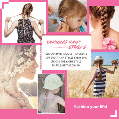 Hair Styling Tool Set - 3 Pcs French Braid Tool, Rat Tail Comb, and Metal Braiding Pin in Pink