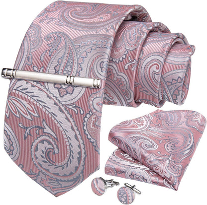 Paisley Ties for Men Silk Necktie and Pocket Square Cufflinks Tie Clip Set Woven Classic Mens Tie for Wedding Party