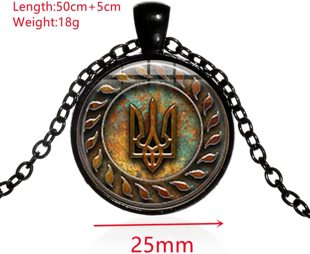 Tryzub Ukrainian Trident Pendant Necklace for Men Women,Ukraine Flag Symbol Logo Necklace Mens Womens  Jewelry Necklace Gift Black Plated Link Chain Glass Cabochon Spiritual Necklace 20'' Chain+2'' Extender (Gift Packaging)