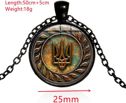 Tryzub Ukrainian Trident Pendant Necklace for Men Women,Ukraine Flag Symbol Logo Necklace Mens Womens  Jewelry Necklace Gift Black Plated Link Chain Glass Cabochon Spiritual Necklace 20'' Chain+2'' Extender (Gift Packaging)