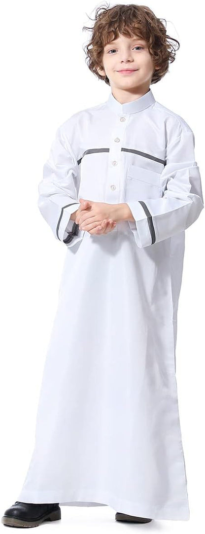 Kids Boys Muslim Thobe Long Sleeve Islamic Arabic Kaftan Robe Middle East Dubai Prayer Outfit with Pocket - WORLD TIME VISITS