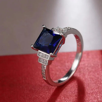 Fashion Jewelry Gemstone 925 Sterling Silver Diamond Cut Square Sapphire Ring Women Size：5-10