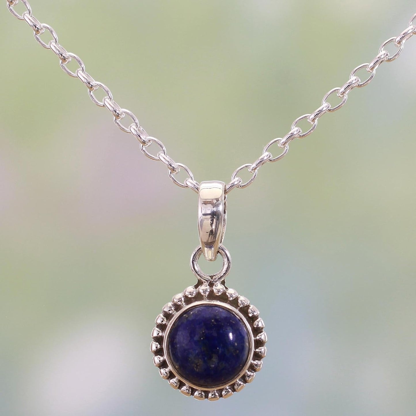 Artisan Handmade Lapis Lazuli Pendant Necklace Lapiz Sterling Silver from India [18 in L 2 Mm W Pendant(S) 0.8 in L X 0.4 in W X 0.2 in D] ' Blue Globe'