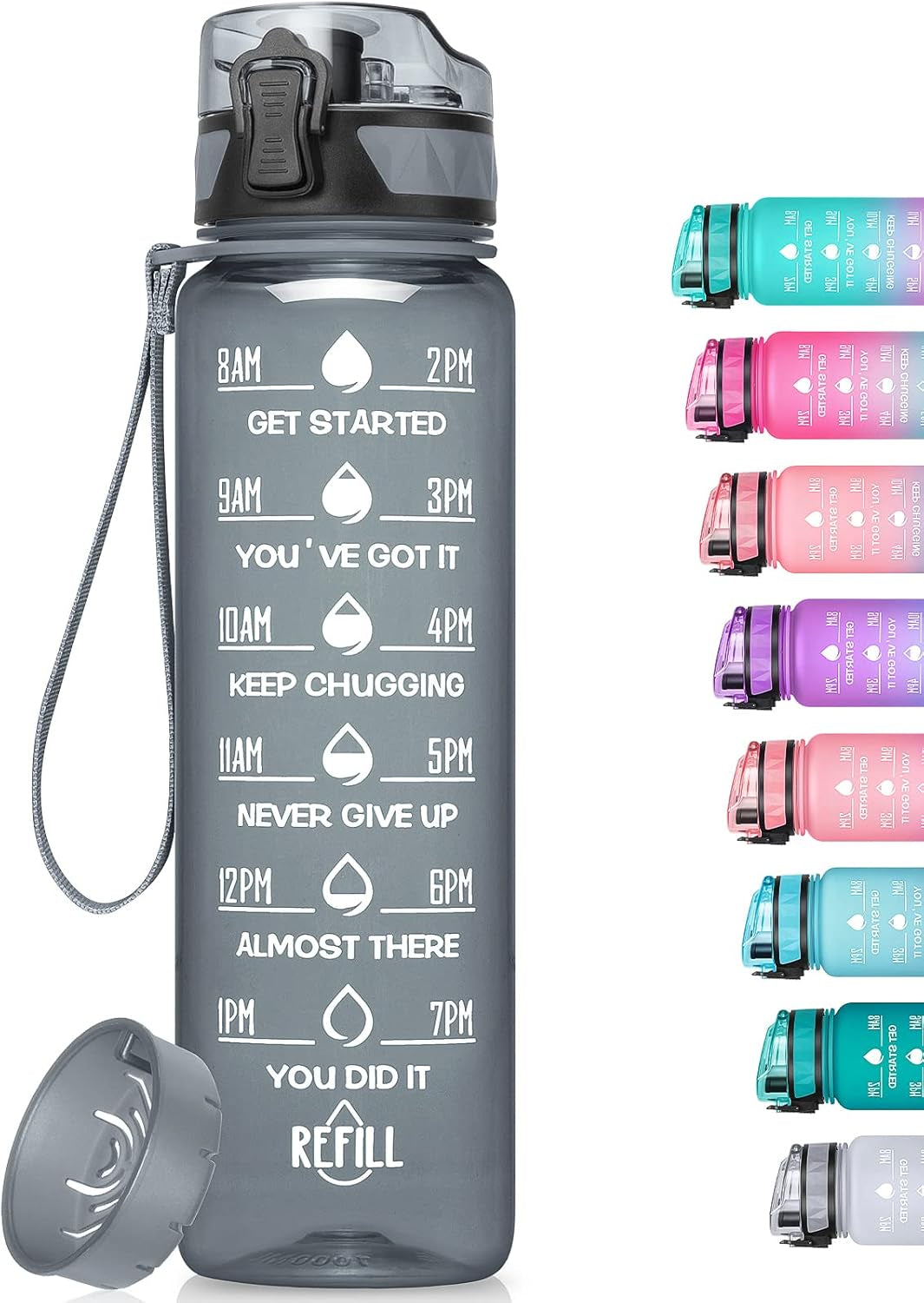 Sports Water Bottle -  1L Leakproof Water Bottle, BPA Free Tritan Plastic Sports Bottle, Motivational Water Bottle with Filter & Time Marker for Outdoor - WORLD TIME VISITS