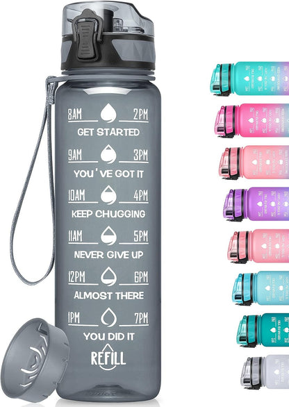 Sports Water Bottle -  1L Leakproof Water Bottle, BPA Free Tritan Plastic Sports Bottle, Motivational Water Bottle with Filter & Time Marker for Outdoor - WORLD TIME VISITS