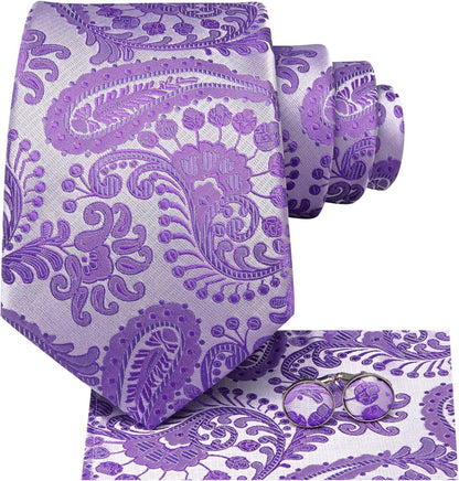 Mens Paisley Floral Silk Tie for Men Striped Necktie and Pocket Square Cufflinks Set Wedding Business