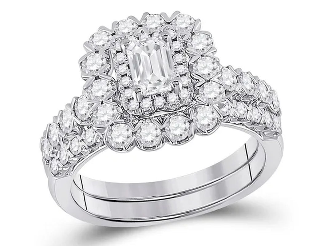 1.80 Carat (Ctw G-H, I1-I2) Emerald-Cut Diamond Engagement Ring and Wedding Band in 14K White Gold - WORLD TIME VISITS